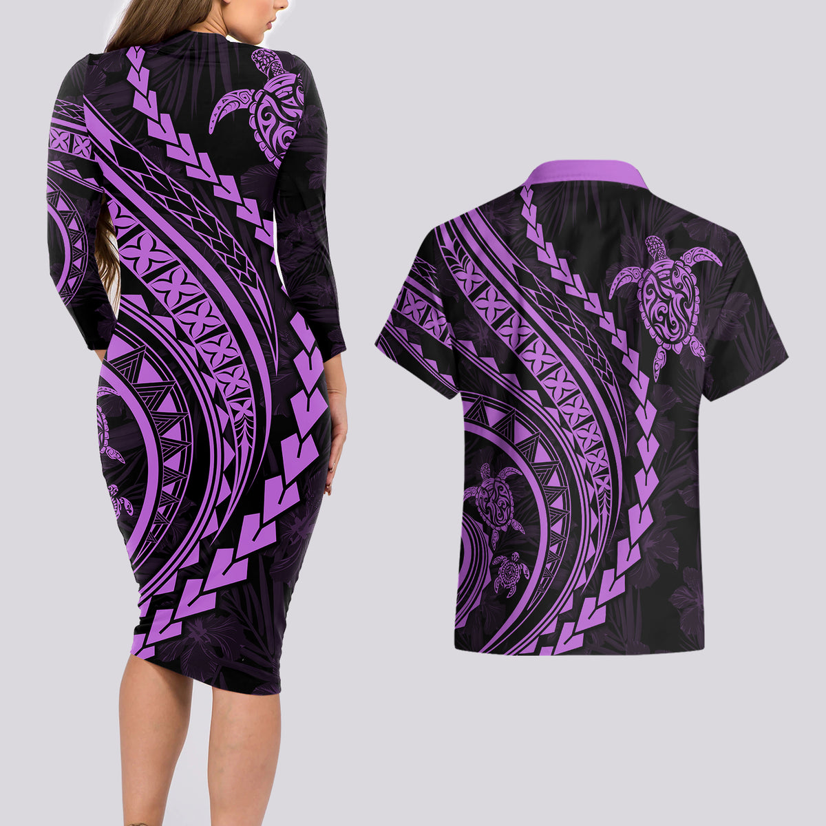 Polynesian Pride Couples Matching Long Sleeve Bodycon Dress and Hawaiian Shirt Turtle Hibiscus Luxury Style - Lilac LT7 - Wonder Print Shop