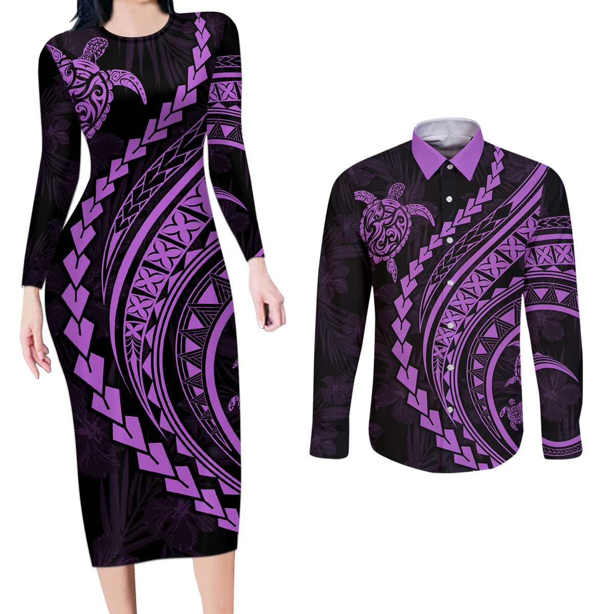 Polynesian Pride Couples Matching Long Sleeve Bodycon Dress and Long Sleeve Button Shirts Turtle Hibiscus Luxury Style - Lilac LT7 - Wonder Print Shop