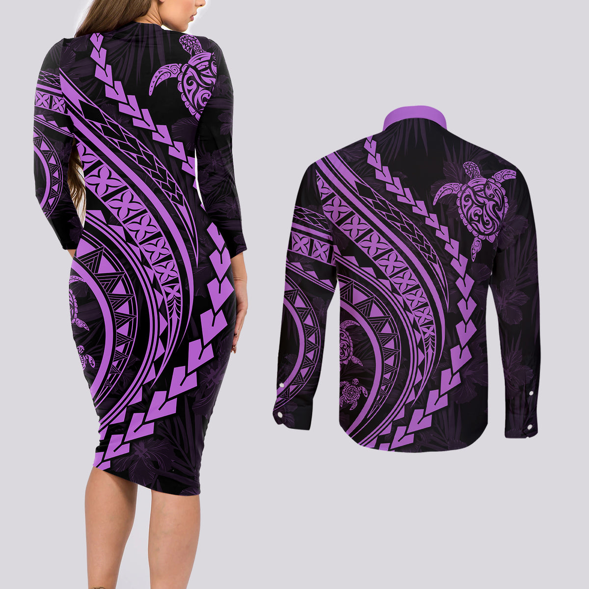 Polynesian Pride Couples Matching Long Sleeve Bodycon Dress and Long Sleeve Button Shirts Turtle Hibiscus Luxury Style - Lilac LT7 - Wonder Print Shop