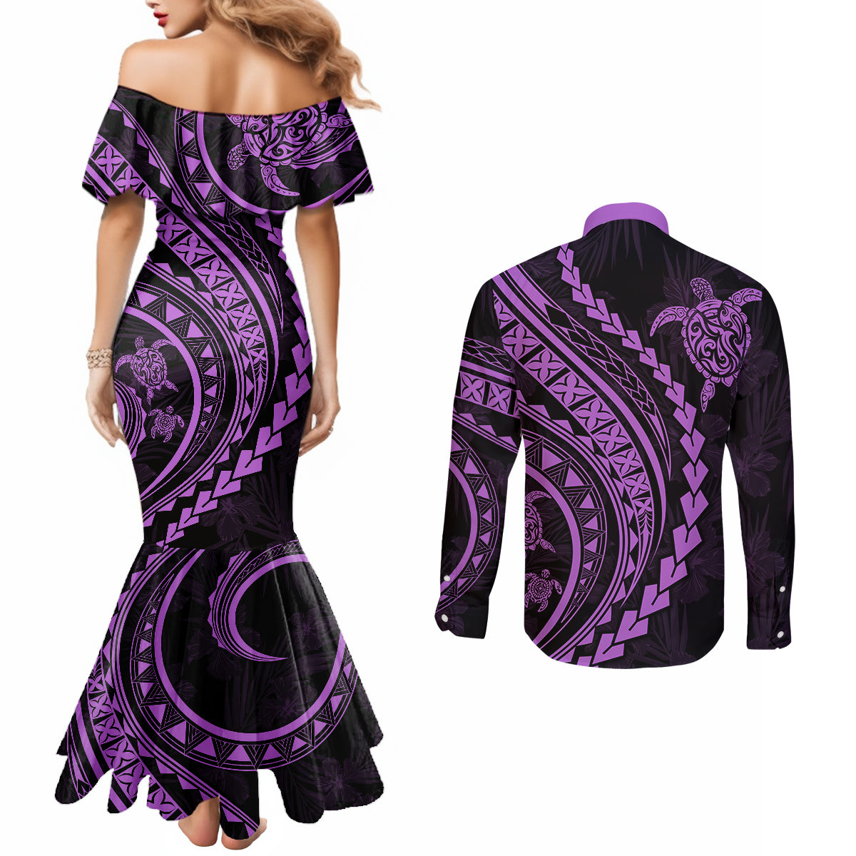 polynesian-pride-couples-matching-mermaid-dress-and-long-sleeve-button-shirts-turtle-hibiscus-luxury-style-lilac