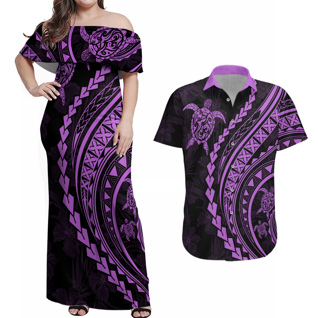 Polynesian Pride Couples Matching Off Shoulder Maxi Dress and Hawaiian Shirt Turtle Hibiscus Luxury Style - Lilac LT7 - Wonder Print Shop