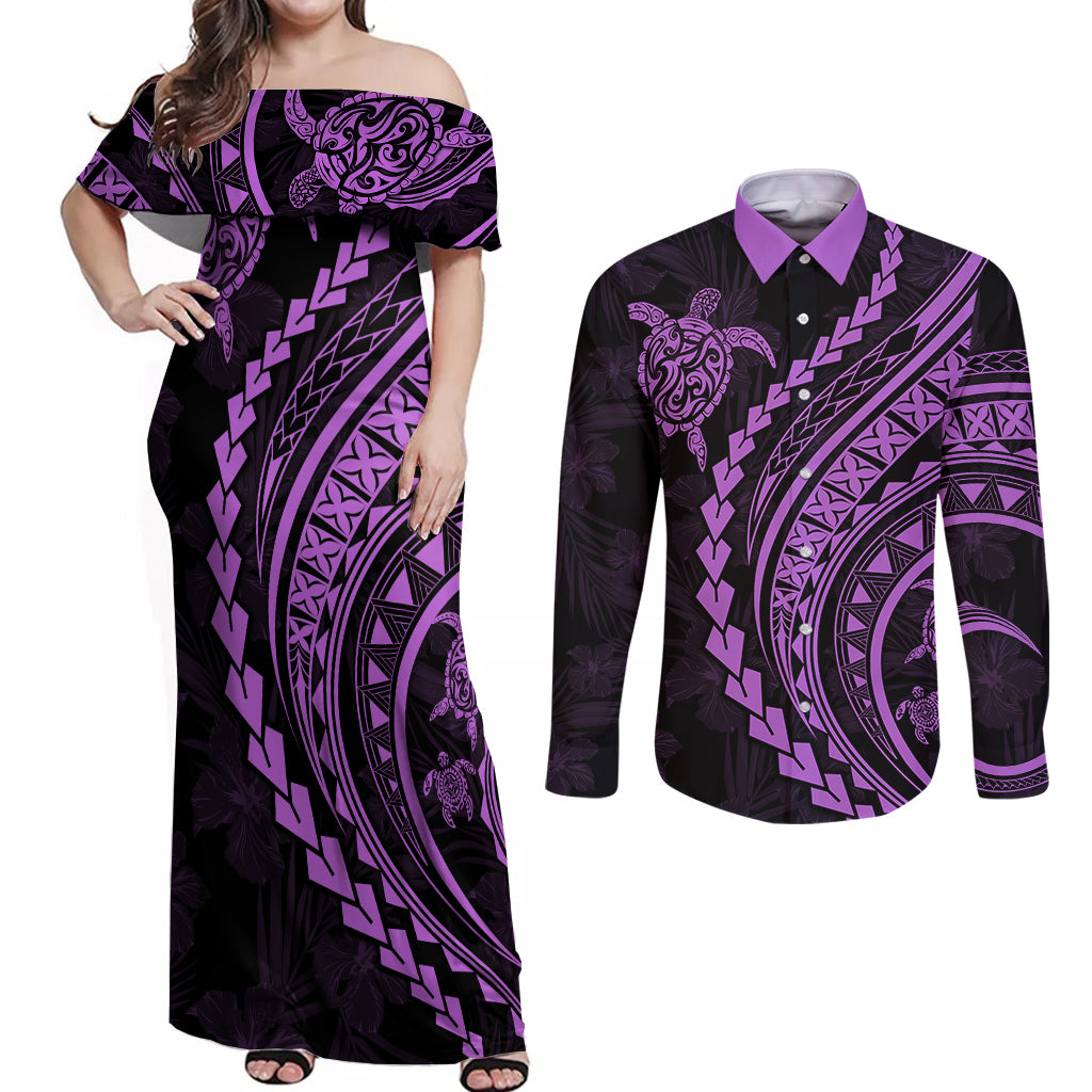 Polynesian Pride Couples Matching Off Shoulder Maxi Dress and Long Sleeve Button Shirts Turtle Hibiscus Luxury Style - Lilac LT7 - Wonder Print Shop