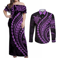 Polynesian Pride Couples Matching Off Shoulder Maxi Dress and Long Sleeve Button Shirts Turtle Hibiscus Luxury Style - Lilac LT7 - Wonder Print Shop