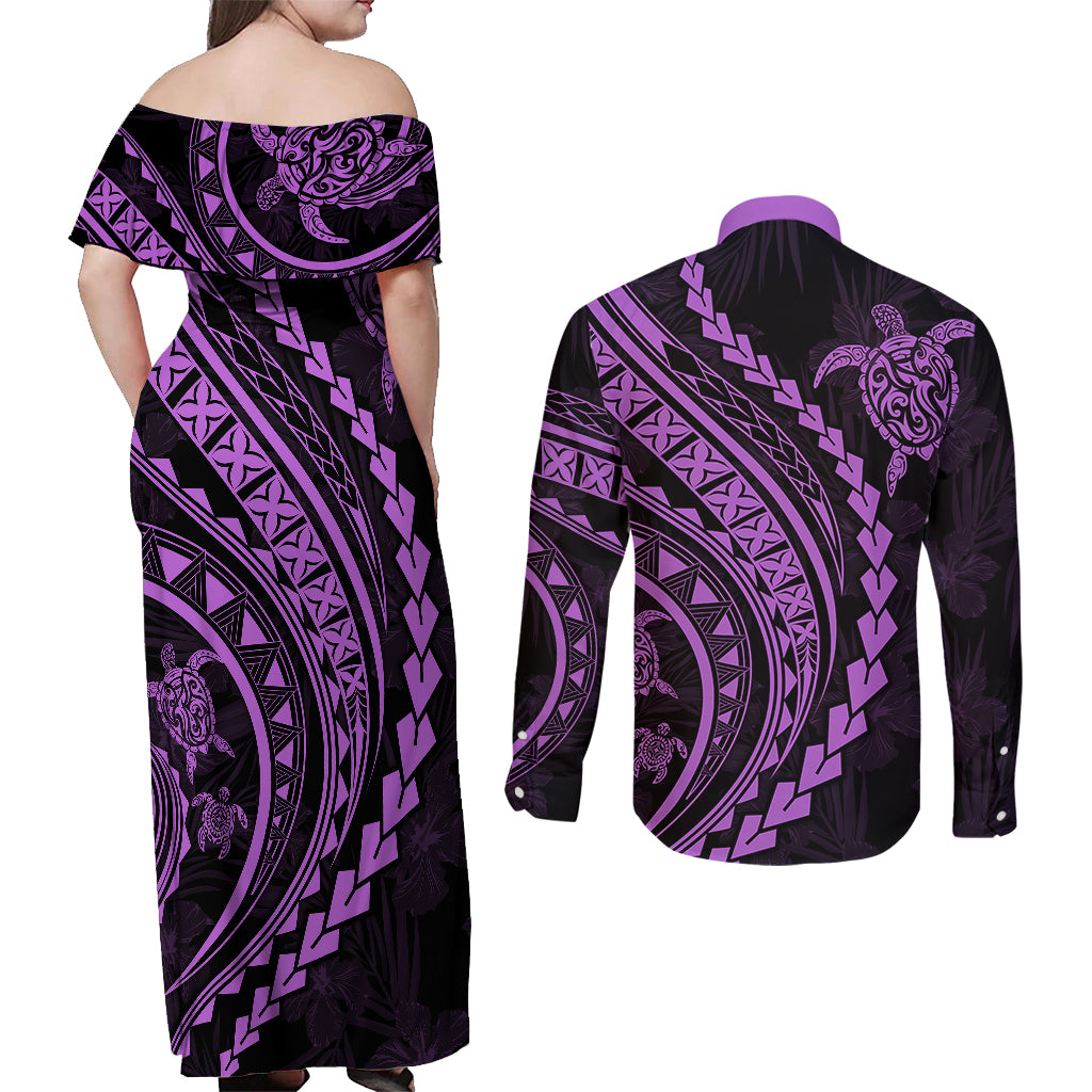 Polynesian Pride Couples Matching Off Shoulder Maxi Dress and Long Sleeve Button Shirts Turtle Hibiscus Luxury Style - Lilac LT7 - Wonder Print Shop