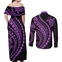 Polynesian Pride Couples Matching Off Shoulder Maxi Dress and Long Sleeve Button Shirts Turtle Hibiscus Luxury Style - Lilac LT7 - Wonder Print Shop