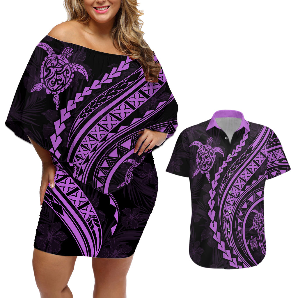 Polynesian Pride Couples Matching Off Shoulder Short Dress and Hawaiian Shirt Turtle Hibiscus Luxury Style - Lilac LT7 - Wonder Print Shop