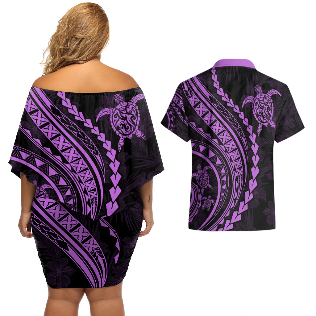 Polynesian Pride Couples Matching Off Shoulder Short Dress and Hawaiian Shirt Turtle Hibiscus Luxury Style - Lilac LT7 - Wonder Print Shop