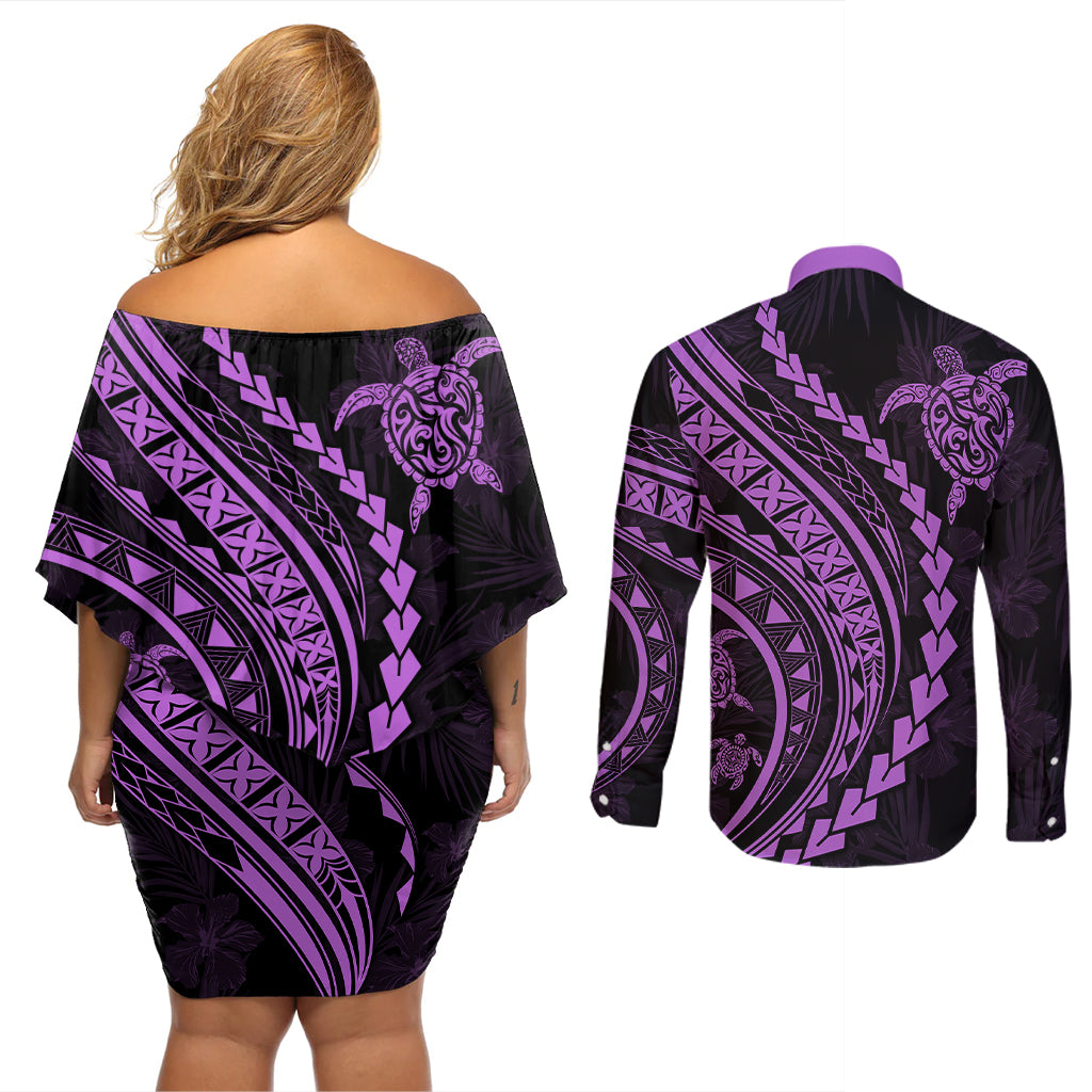 Polynesian Pride Couples Matching Off Shoulder Short Dress and Long Sleeve Button Shirts Turtle Hibiscus Luxury Style - Lilac LT7 - Wonder Print Shop