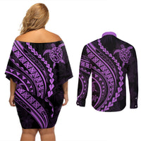 Polynesian Pride Couples Matching Off Shoulder Short Dress and Long Sleeve Button Shirts Turtle Hibiscus Luxury Style - Lilac LT7 - Wonder Print Shop