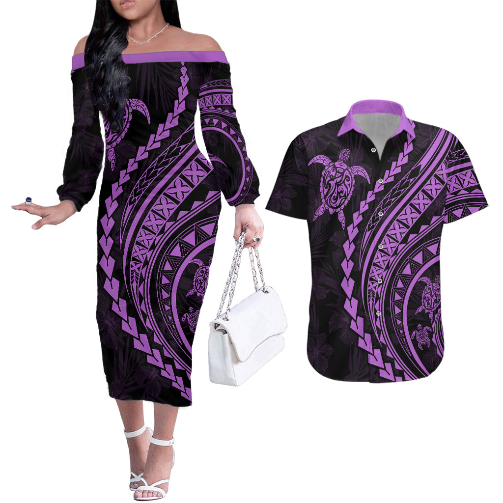 Polynesian Pride Couples Matching Off The Shoulder Long Sleeve Dress and Hawaiian Shirt Turtle Hibiscus Luxury Style - Lilac LT7 - Wonder Print Shop