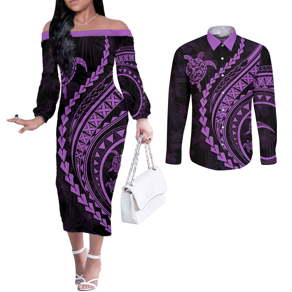 polynesian-pride-couples-matching-off-the-shoulder-long-sleeve-dress-and-long-sleeve-button-shirts-turtle-hibiscus-luxury-style-lilac