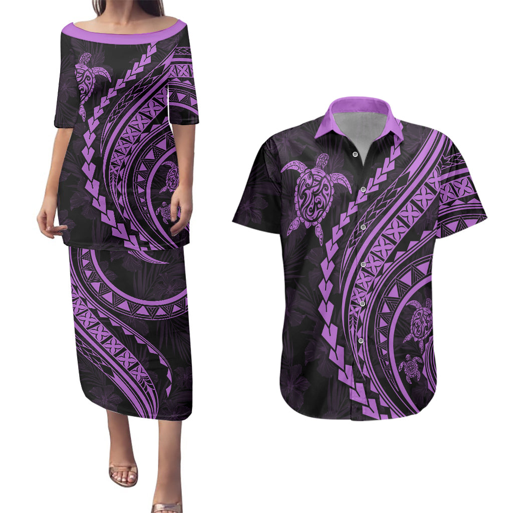 Polynesian Pride Couples Matching Puletasi Dress and Hawaiian Shirt Turtle Hibiscus Luxury Style - Lilac LT7 - Wonder Print Shop