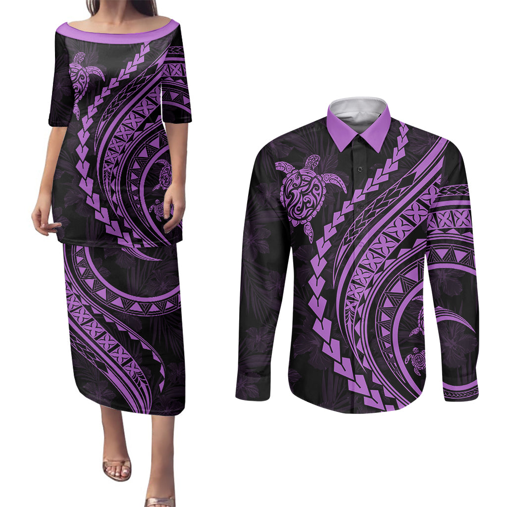 Polynesian Pride Couples Matching Puletasi Dress and Long Sleeve Button Shirts Turtle Hibiscus Luxury Style - Lilac LT7 - Wonder Print Shop