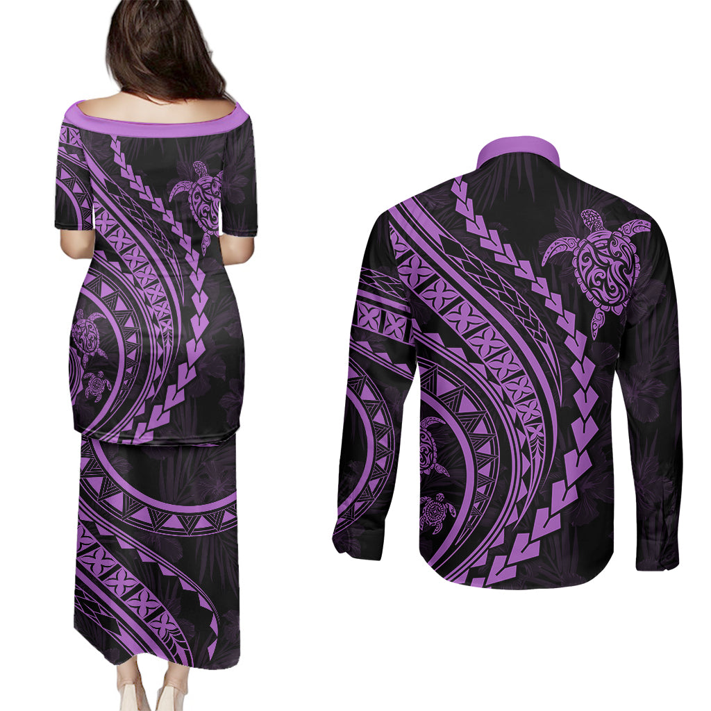 Polynesian Pride Couples Matching Puletasi Dress and Long Sleeve Button Shirts Turtle Hibiscus Luxury Style - Lilac LT7 - Wonder Print Shop