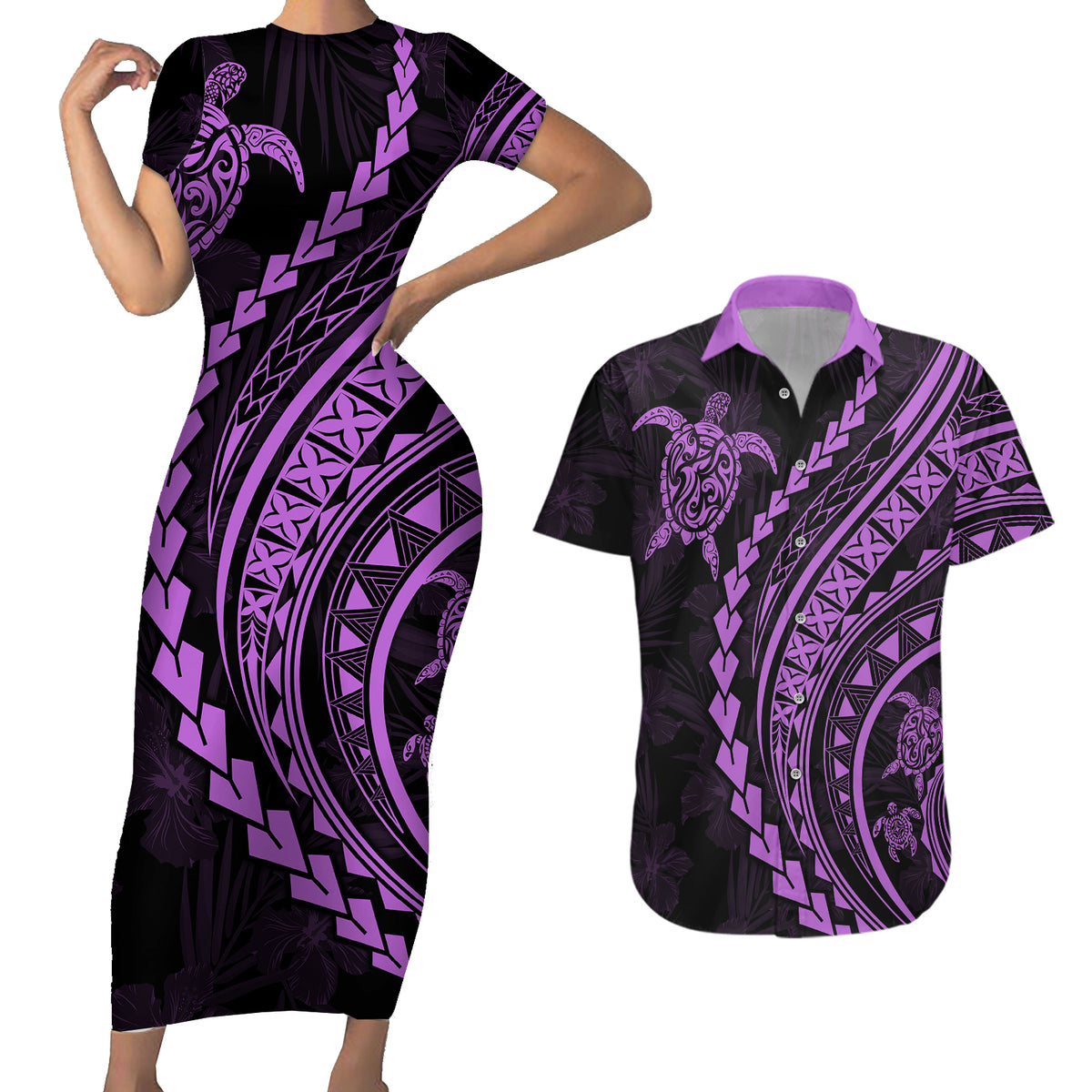 Polynesian Pride Couples Matching Short Sleeve Bodycon Dress and Hawaiian Shirt Turtle Hibiscus Luxury Style - Lilac LT7 - Wonder Print Shop
