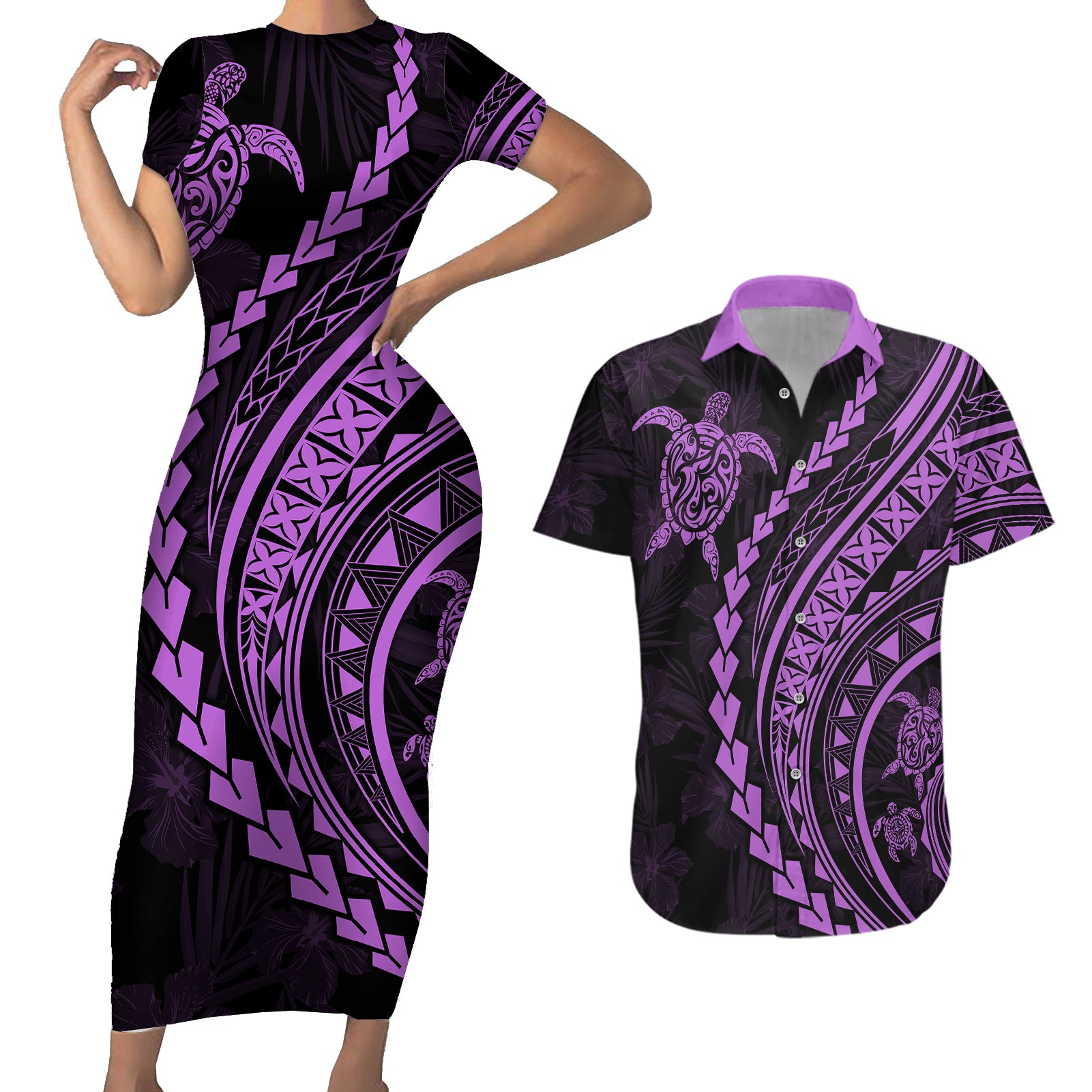 Polynesian Pride Couples Matching Short Sleeve Bodycon Dress and Hawaiian Shirt Turtle Hibiscus Luxury Style - Lilac LT7 - Wonder Print Shop
