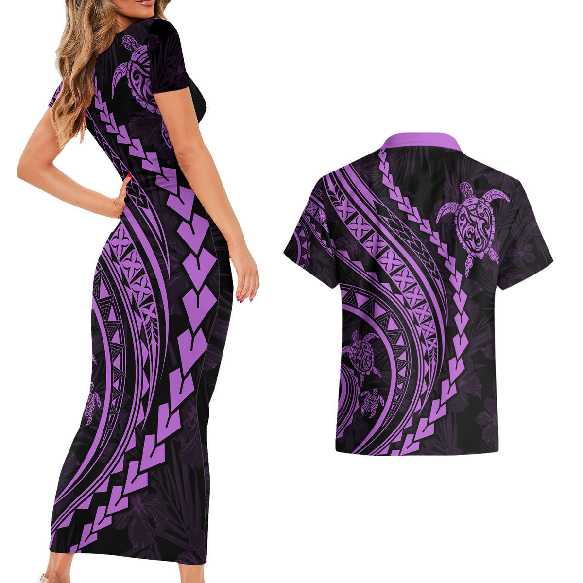 Polynesian Pride Couples Matching Short Sleeve Bodycon Dress and Hawaiian Shirt Turtle Hibiscus Luxury Style - Lilac LT7 - Wonder Print Shop