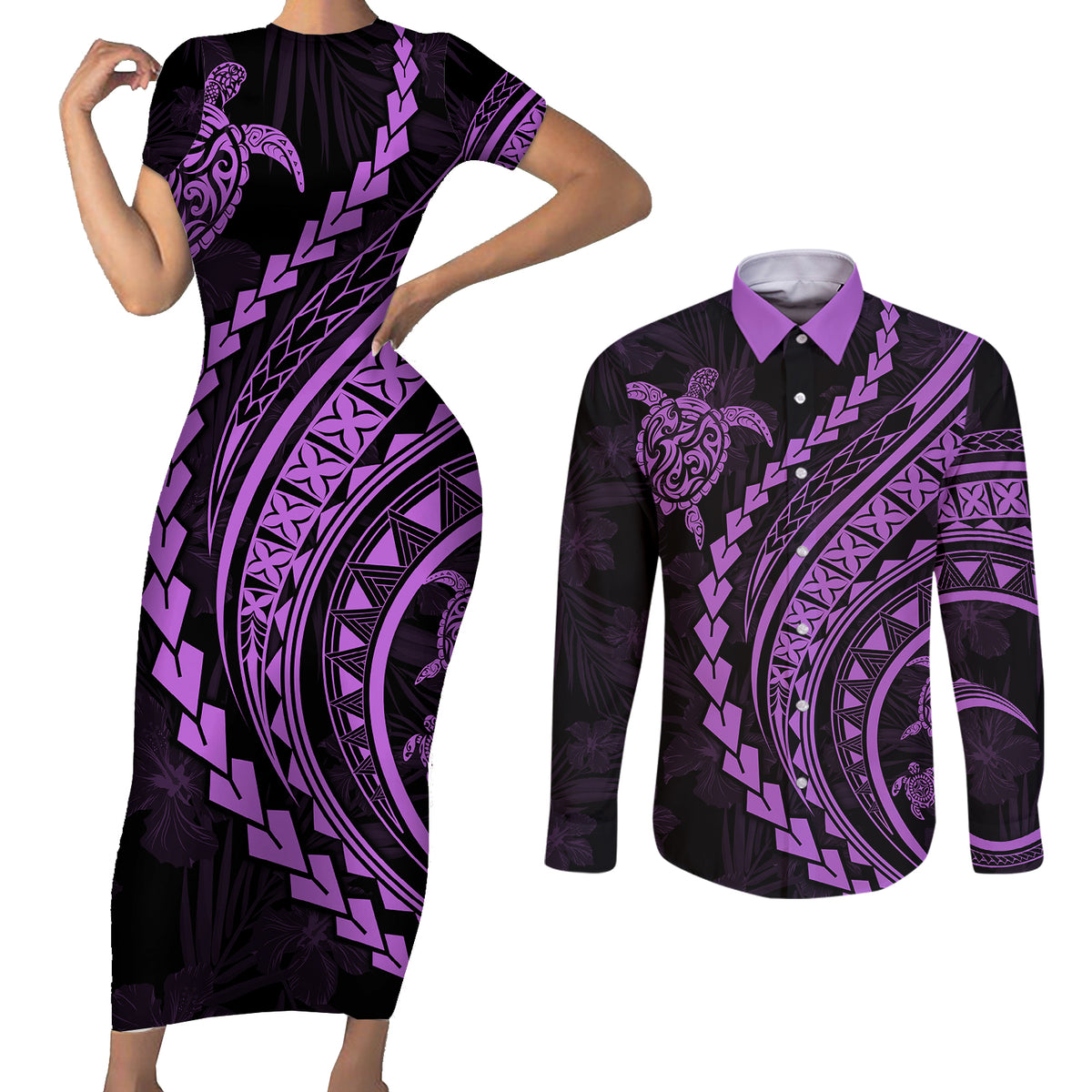Polynesian Pride Couples Matching Short Sleeve Bodycon Dress and Long Sleeve Button Shirts Turtle Hibiscus Luxury Style - Lilac LT7 - Wonder Print Shop