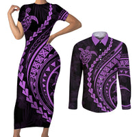 Polynesian Pride Couples Matching Short Sleeve Bodycon Dress and Long Sleeve Button Shirts Turtle Hibiscus Luxury Style - Lilac LT7 - Wonder Print Shop