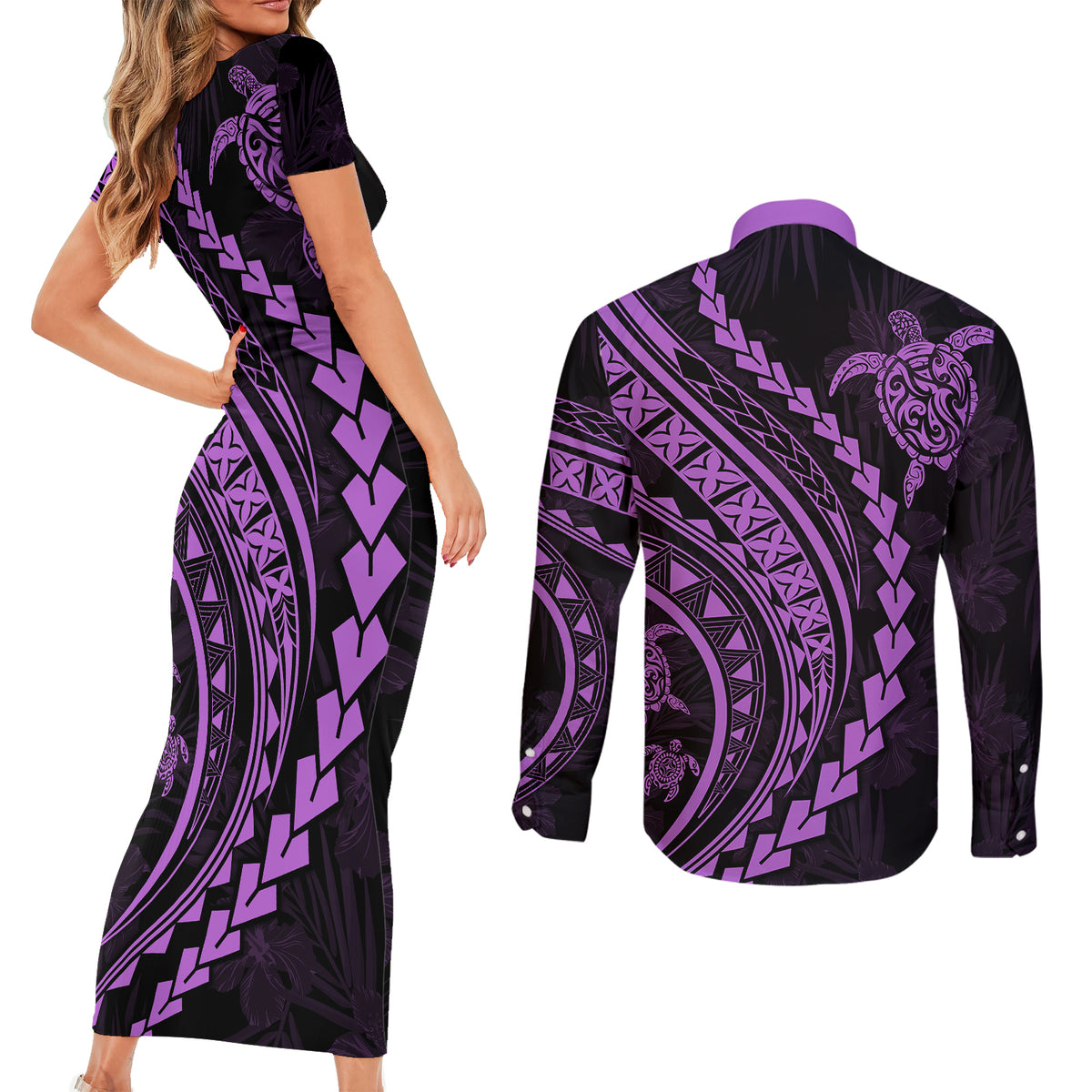 Polynesian Pride Couples Matching Short Sleeve Bodycon Dress and Long Sleeve Button Shirts Turtle Hibiscus Luxury Style - Lilac LT7 - Wonder Print Shop