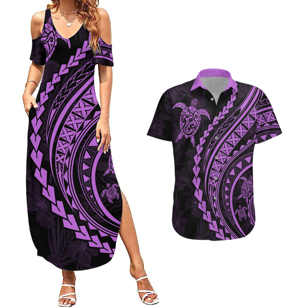 Polynesian Pride Couples Matching Summer Maxi Dress and Hawaiian Shirt Turtle Hibiscus Luxury Style - Lilac LT7 - Wonder Print Shop