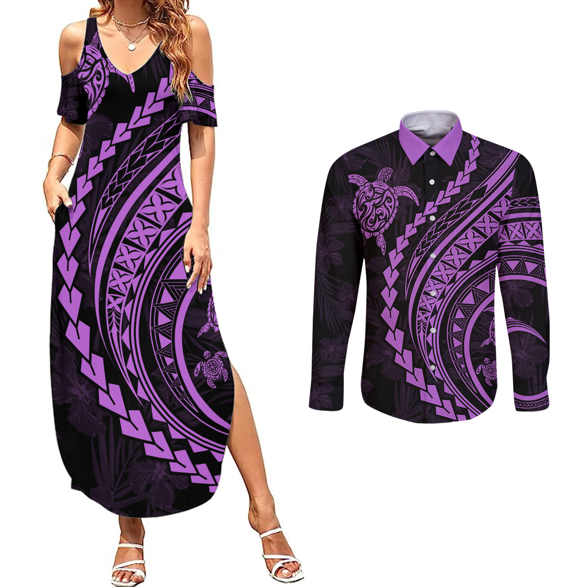 Polynesian Pride Couples Matching Summer Maxi Dress and Long Sleeve Button Shirts Turtle Hibiscus Luxury Style - Lilac LT7 - Wonder Print Shop