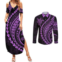 Polynesian Pride Couples Matching Summer Maxi Dress and Long Sleeve Button Shirts Turtle Hibiscus Luxury Style - Lilac LT7 - Wonder Print Shop