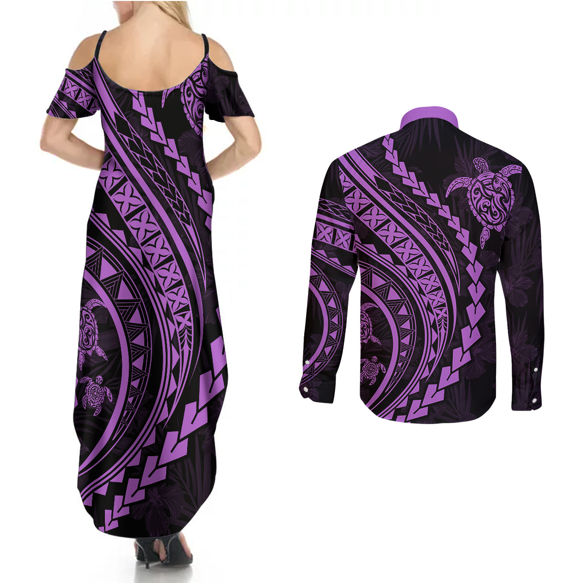 Polynesian Pride Couples Matching Summer Maxi Dress and Long Sleeve Button Shirts Turtle Hibiscus Luxury Style - Lilac LT7 - Wonder Print Shop