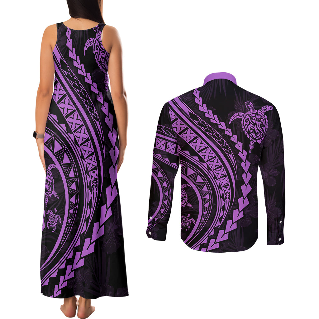 Polynesian Pride Couples Matching Tank Maxi Dress and Long Sleeve Button Shirts Turtle Hibiscus Luxury Style - Lilac LT7 - Wonder Print Shop
