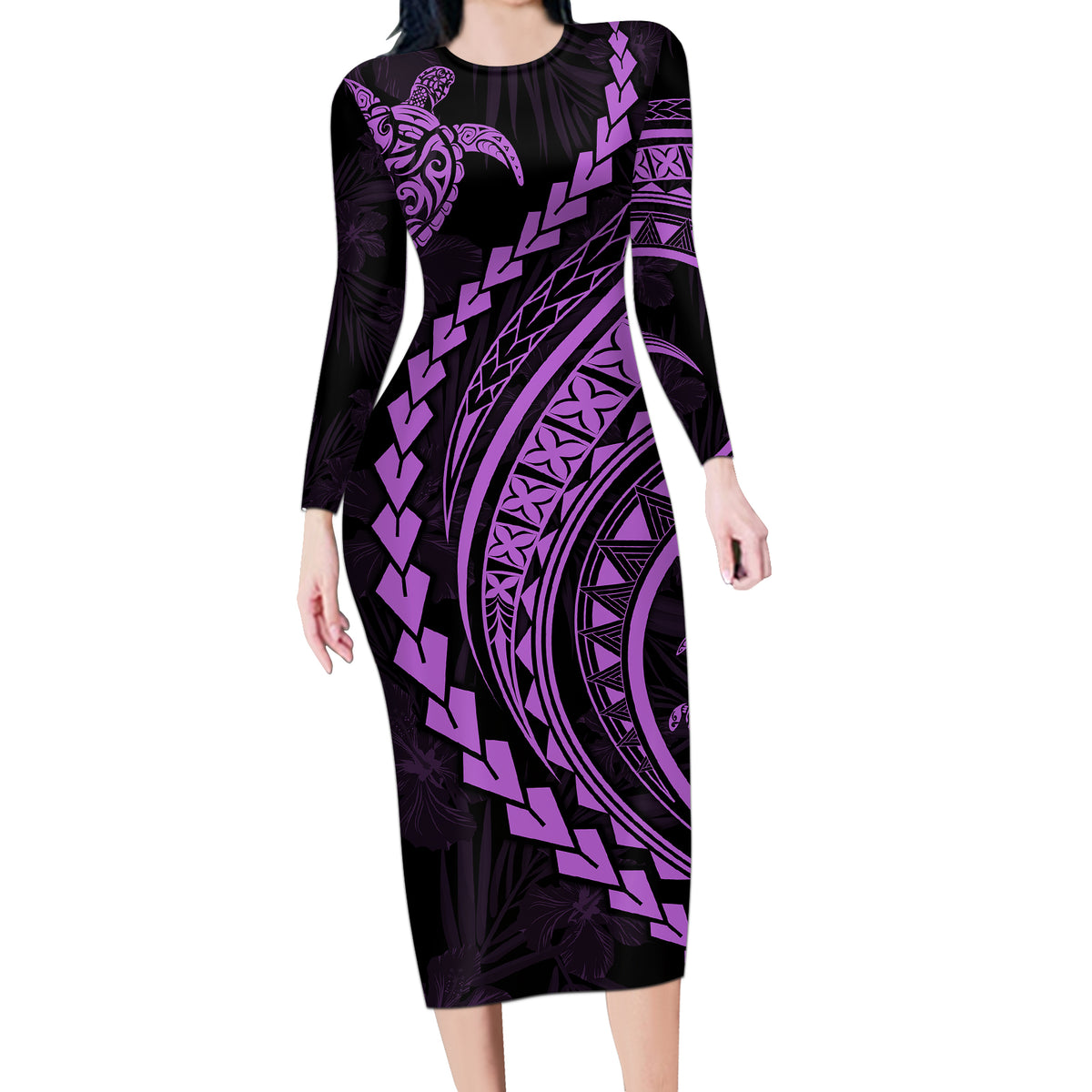 Polynesian Pride Long Sleeve Bodycon Dress Turtle Hibiscus Luxury Style - Lilac - Wonder Print Shop