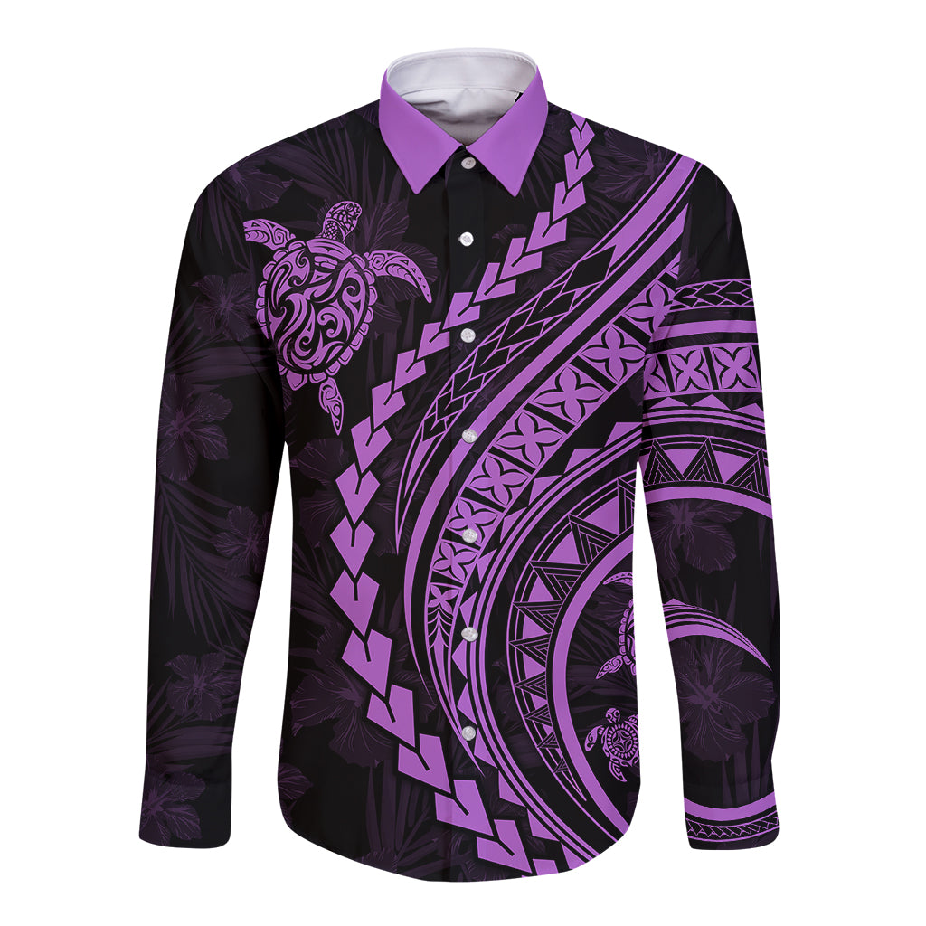 Polynesian Pride Long Sleeve Button Shirt Turtle Hibiscus Luxury Style - Lilac - Wonder Print Shop