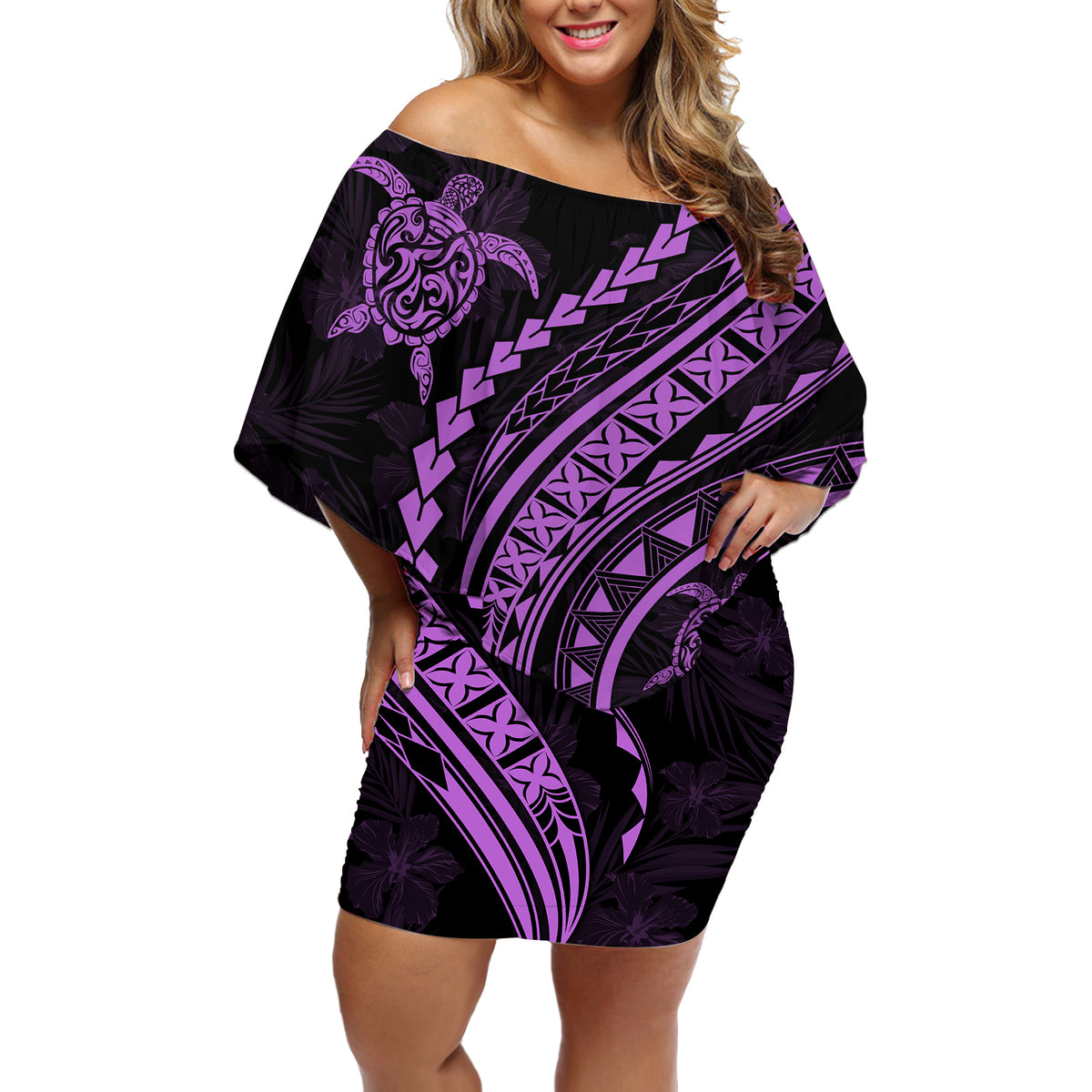 Polynesian Pride Off Shoulder Short Dress Turtle Hibiscus Luxury Style - Lilac - Wonder Print Shop