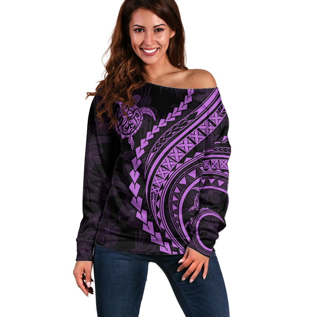 Polynesian Pride Off Shoulder Sweater Turtle Hibiscus Luxury Style - Lilac - Wonder Print Shop
