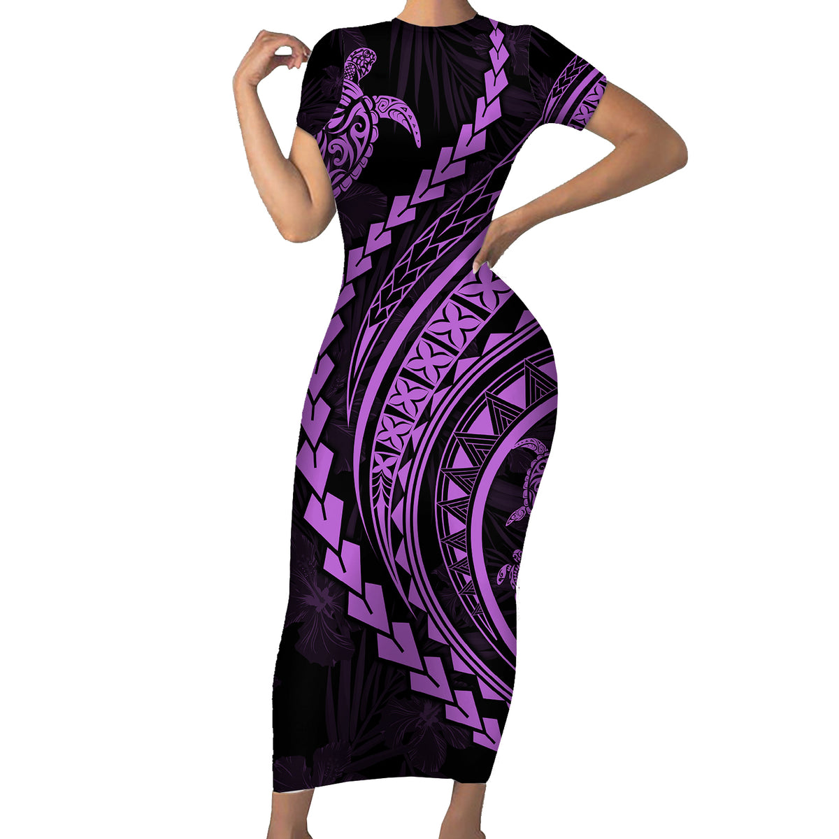 Polynesian Pride Short Sleeve Bodycon Dress Turtle Hibiscus Luxury Style - Lilac - Wonder Print Shop