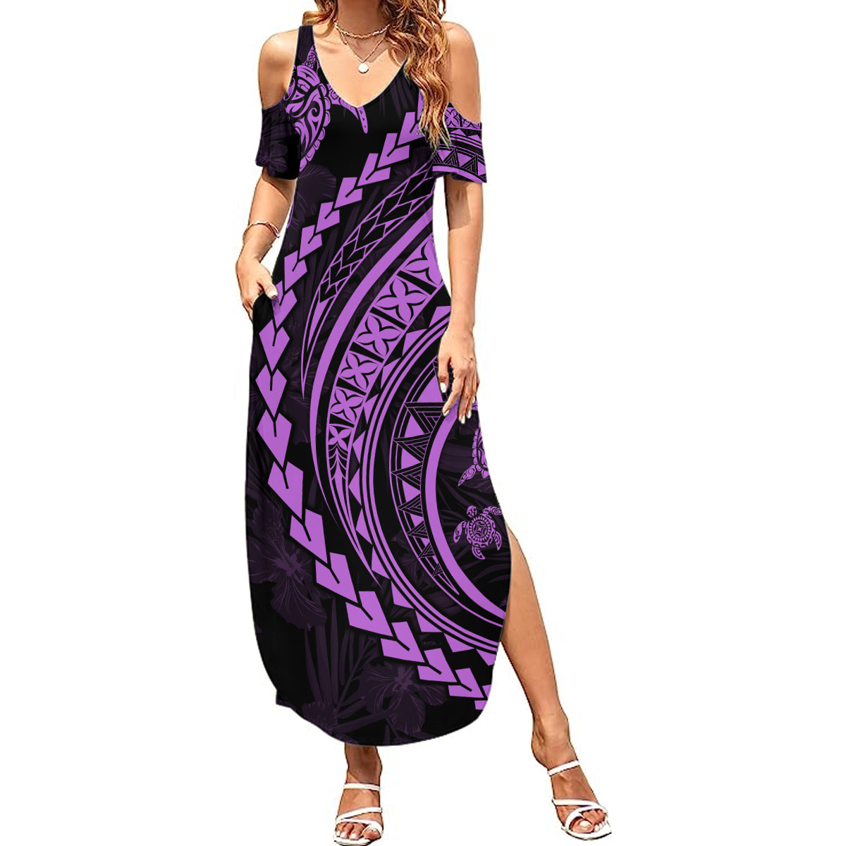 Polynesian Pride Summer Maxi Dress Turtle Hibiscus Luxury Style - Lilac - Wonder Print Shop