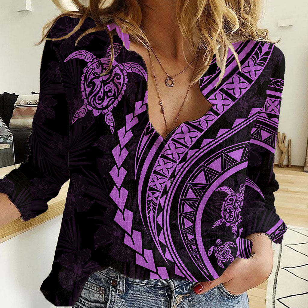 Polynesian Pride Women Casual Shirt Turtle Hibiscus Luxury Style - Lilac - Wonder Print Shop