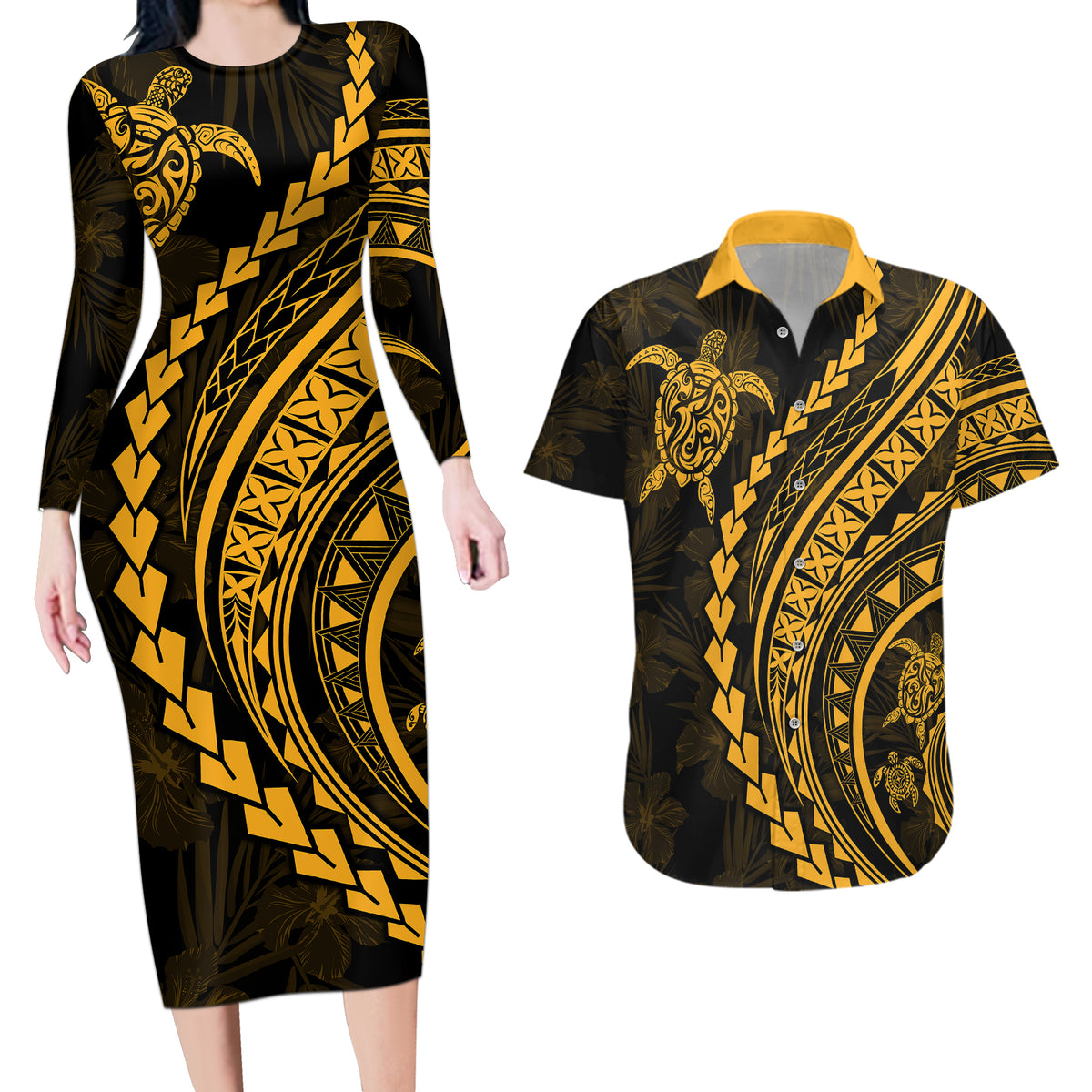 Polynesian Pride Couples Matching Long Sleeve Bodycon Dress and Hawaiian Shirt Turtle Hibiscus Luxury Style - Merigold LT7 - Wonder Print Shop