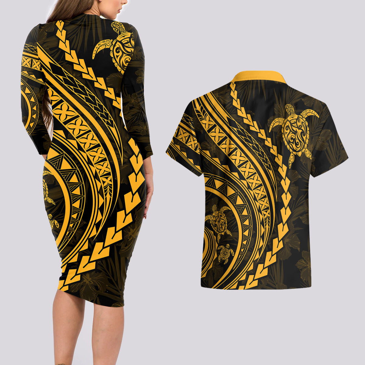 Polynesian Pride Couples Matching Long Sleeve Bodycon Dress and Hawaiian Shirt Turtle Hibiscus Luxury Style - Merigold LT7 - Wonder Print Shop