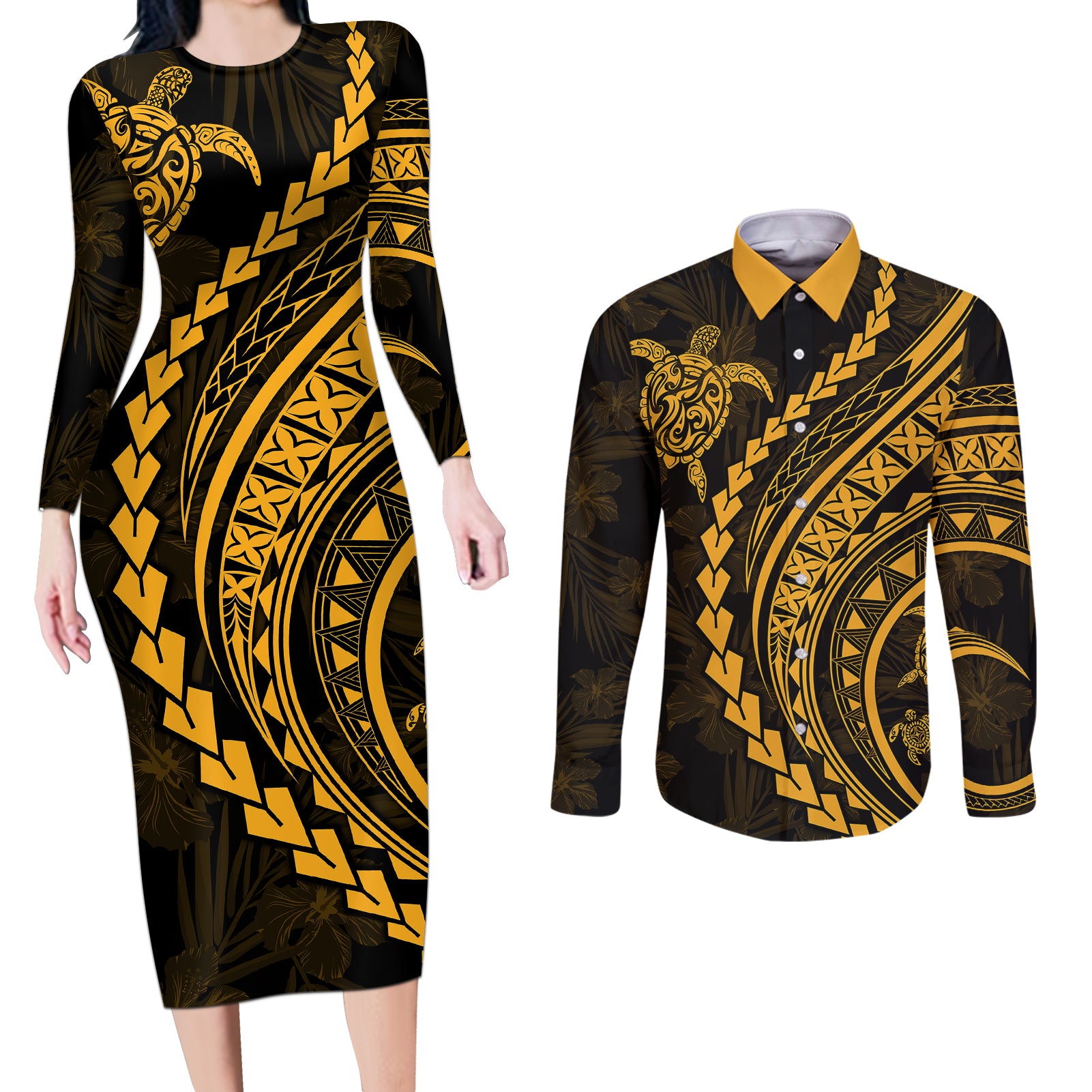 Polynesian Pride Couples Matching Long Sleeve Bodycon Dress and Long Sleeve Button Shirts Turtle Hibiscus Luxury Style - Merigold LT7 - Wonder Print Shop