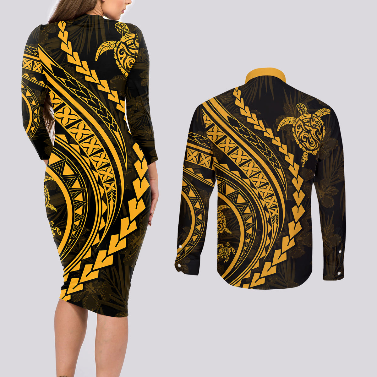 Polynesian Pride Couples Matching Long Sleeve Bodycon Dress and Long Sleeve Button Shirts Turtle Hibiscus Luxury Style - Merigold LT7 - Wonder Print Shop