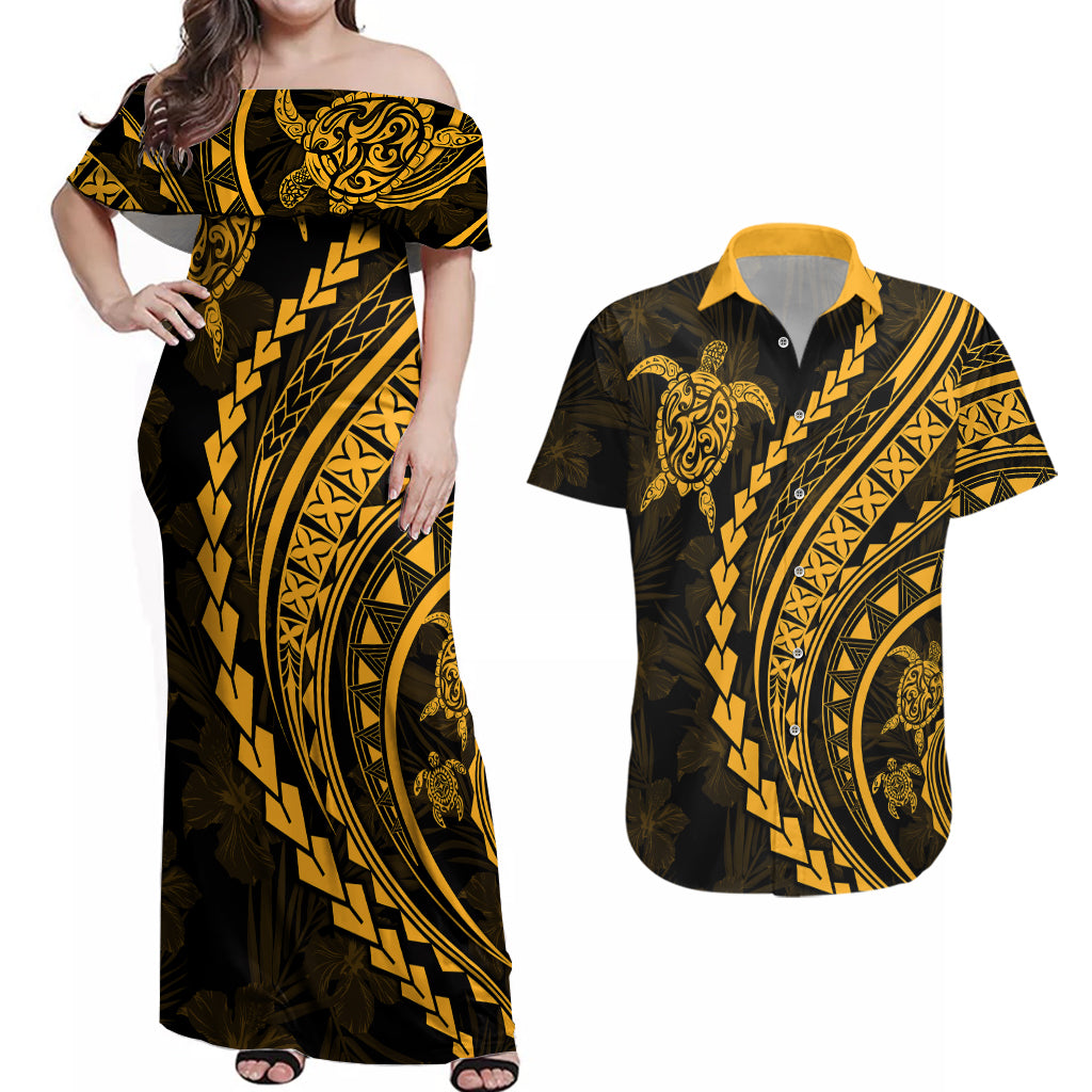Polynesian Pride Couples Matching Off Shoulder Maxi Dress and Hawaiian Shirt Turtle Hibiscus Luxury Style - Merigold LT7 - Wonder Print Shop
