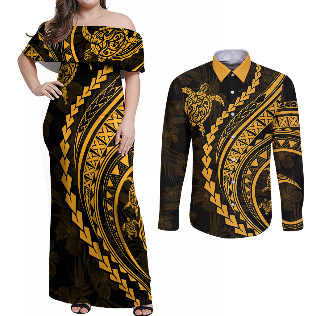 Polynesian Pride Couples Matching Off Shoulder Maxi Dress and Long Sleeve Button Shirts Turtle Hibiscus Luxury Style - Merigold LT7 - Wonder Print Shop