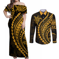 Polynesian Pride Couples Matching Off Shoulder Maxi Dress and Long Sleeve Button Shirts Turtle Hibiscus Luxury Style - Merigold LT7 - Wonder Print Shop