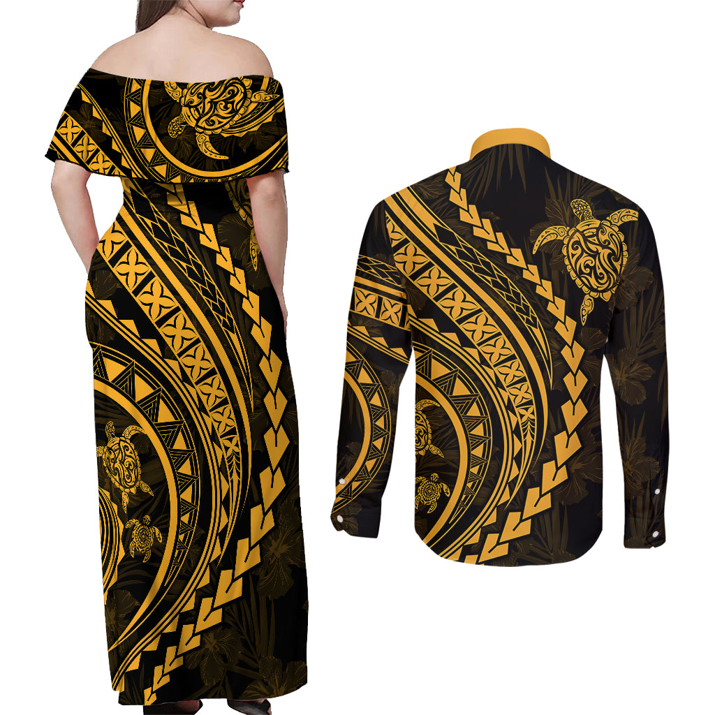 Polynesian Pride Couples Matching Off Shoulder Maxi Dress and Long Sleeve Button Shirts Turtle Hibiscus Luxury Style - Merigold LT7 - Wonder Print Shop