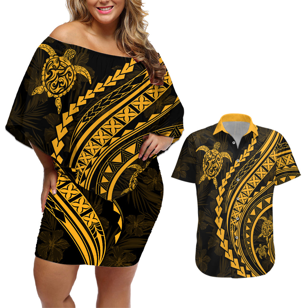 Polynesian Pride Couples Matching Off Shoulder Short Dress and Hawaiian Shirt Turtle Hibiscus Luxury Style - Merigold LT7 - Wonder Print Shop