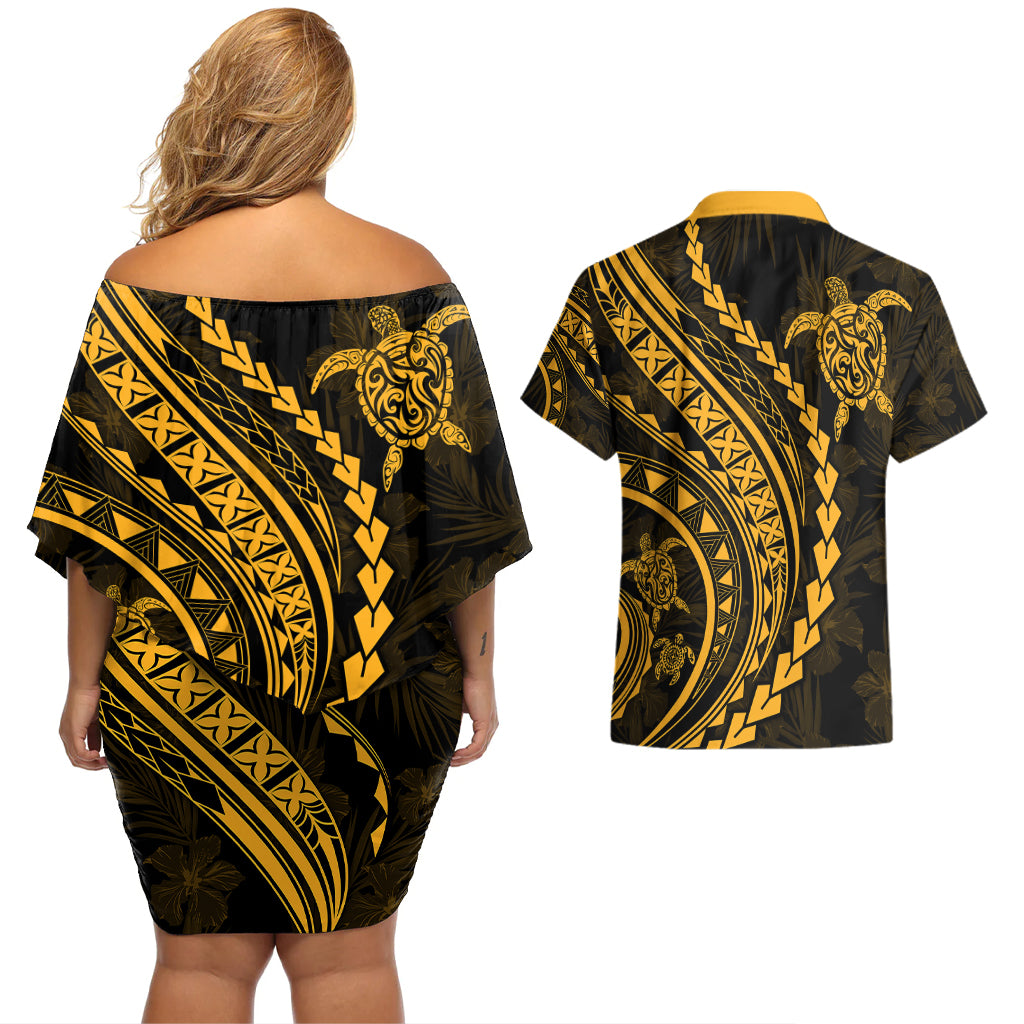 Polynesian Pride Couples Matching Off Shoulder Short Dress and Hawaiian Shirt Turtle Hibiscus Luxury Style - Merigold LT7 - Wonder Print Shop