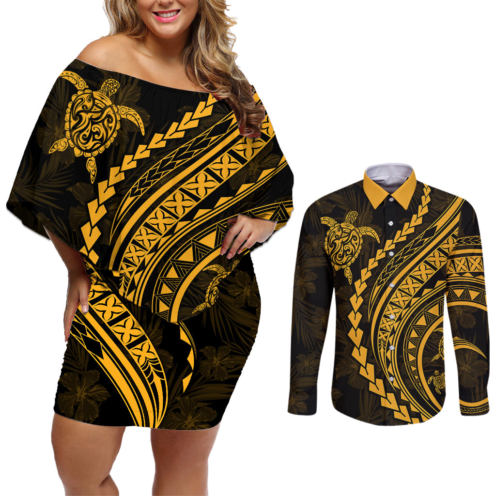 Polynesian Pride Couples Matching Off Shoulder Short Dress and Long Sleeve Button Shirts Turtle Hibiscus Luxury Style - Merigold LT7 - Wonder Print Shop