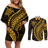 Polynesian Pride Couples Matching Off Shoulder Short Dress and Long Sleeve Button Shirts Turtle Hibiscus Luxury Style - Merigold LT7 - Wonder Print Shop