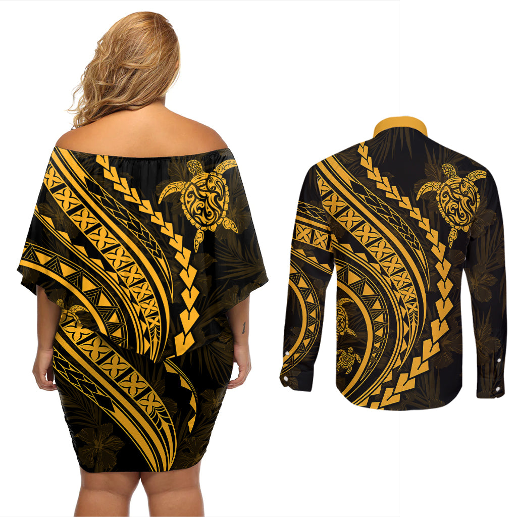 Polynesian Pride Couples Matching Off Shoulder Short Dress and Long Sleeve Button Shirts Turtle Hibiscus Luxury Style - Merigold LT7 - Wonder Print Shop