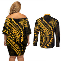 Polynesian Pride Couples Matching Off Shoulder Short Dress and Long Sleeve Button Shirts Turtle Hibiscus Luxury Style - Merigold LT7 - Wonder Print Shop